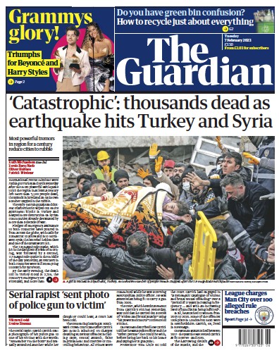 The Guardian Newspaper Front Page (UK) for 7 February 2023