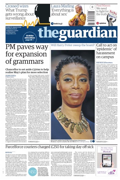 The Guardian Newspaper Front Page (UK) for 7 March 2017
