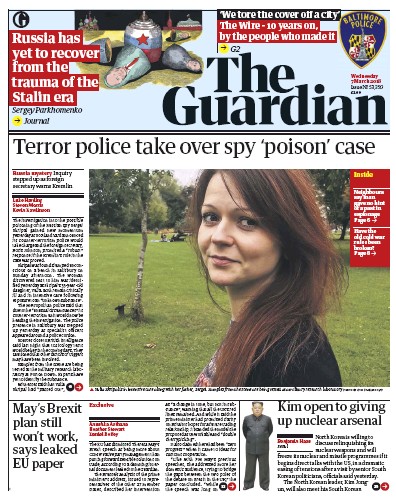 The Guardian Newspaper Front Page (UK) for 7 March 2018