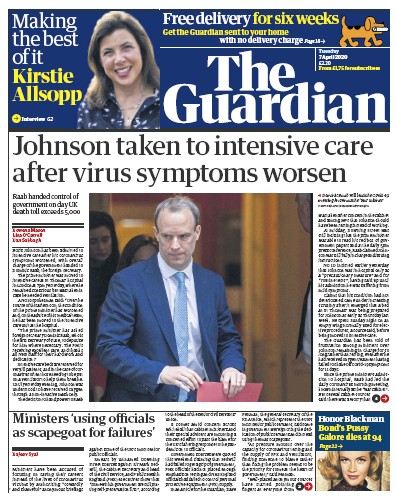 The Guardian Newspaper Front Page (UK) for 7 April 2020