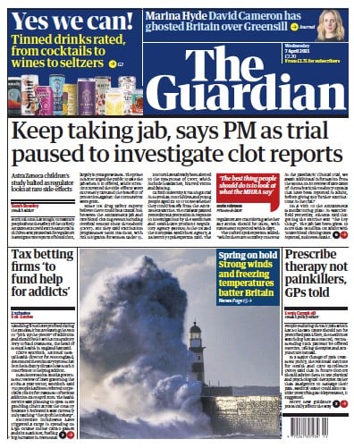 The Guardian Newspaper Front Page (UK) for 7 April 2021
