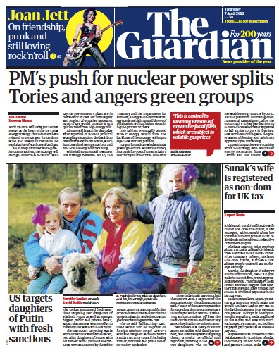 The Guardian Newspaper Front Page (UK) for 7 April 2022