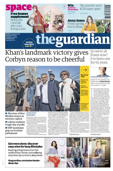 The Guardian Newspaper Front Page (UK) for 7 May 2016