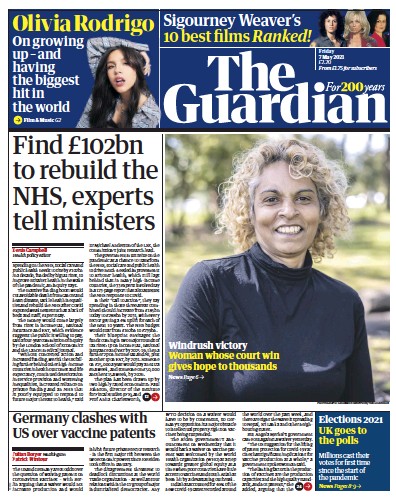 The Guardian Newspaper Front Page (UK) for 7 May 2021