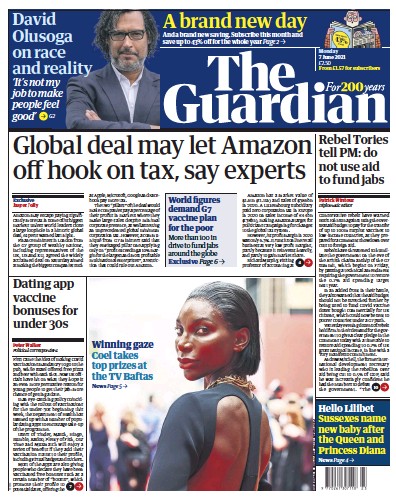 The Guardian Newspaper Front Page (UK) for 7 June 2021