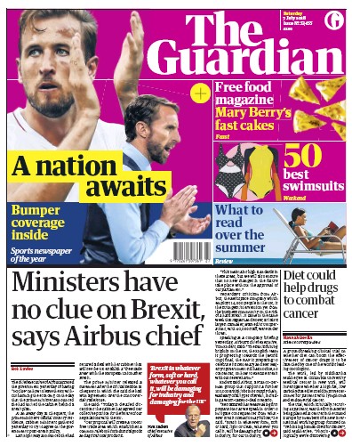 The Guardian Newspaper Front Page (UK) for 7 July 2018