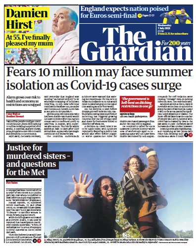 The Guardian Newspaper Front Page (UK) for 7 July 2021