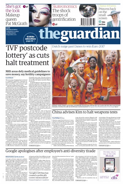 The Guardian Newspaper Front Page (UK) for 7 August 2017