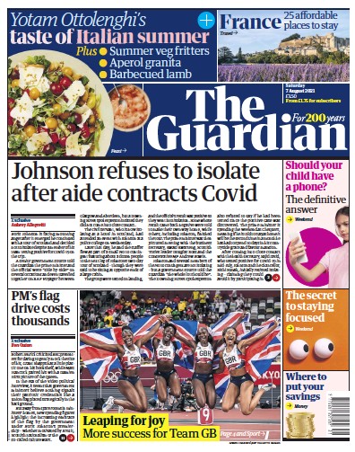 The Guardian Newspaper Front Page (UK) for 7 August 2021