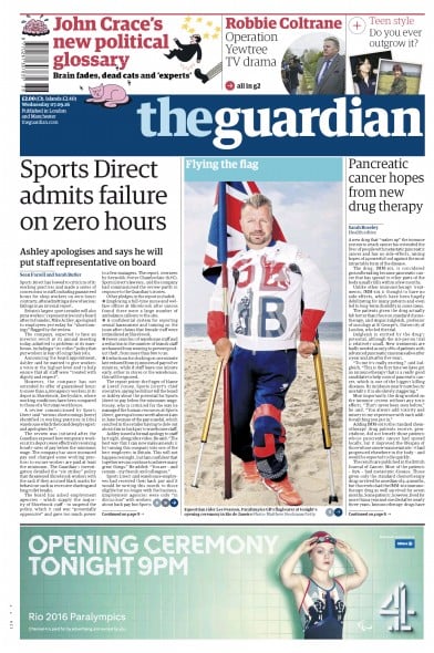 The Guardian Newspaper Front Page (UK) for 7 September 2016