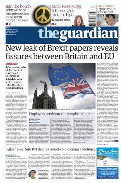 The Guardian Newspaper Front Page (UK) for 7 September 2017