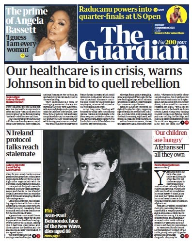 The Guardian Newspaper Front Page (UK) for 7 September 2021