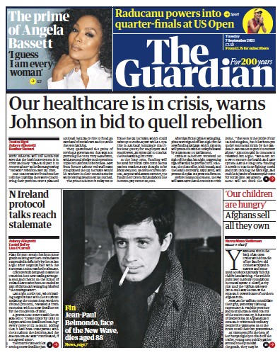 The Guardian Newspaper Front Page (UK) for 7 September 2021