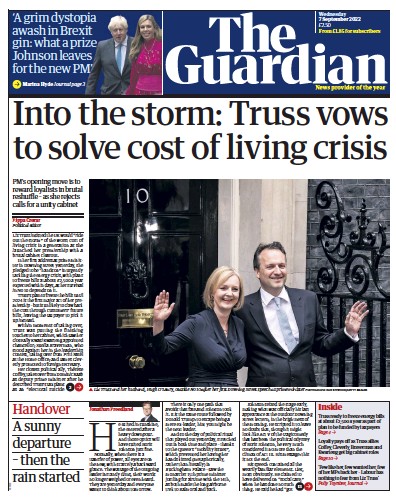 The Guardian Newspaper Front Page (UK) for 7 September 2022