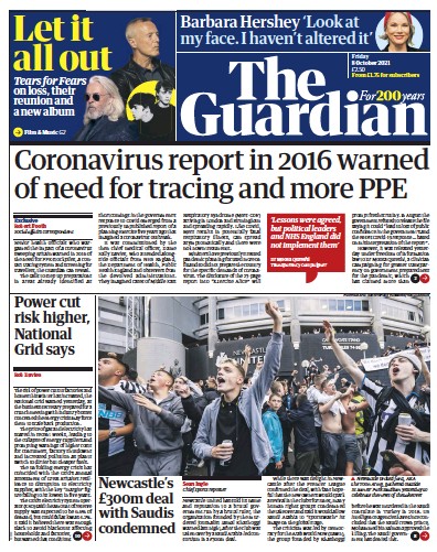 The Guardian Newspaper Front Page (UK) for 8 October 2021