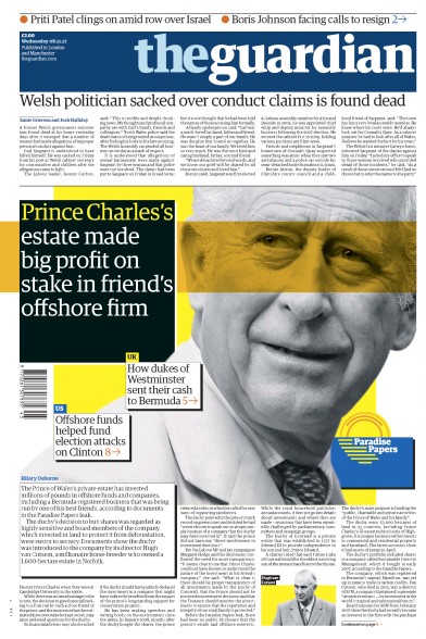 The Guardian Newspaper Front Page (UK) for 8 November 2017