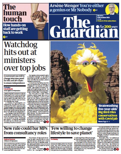 The Guardian Newspaper Front Page (UK) for 8 November 2021