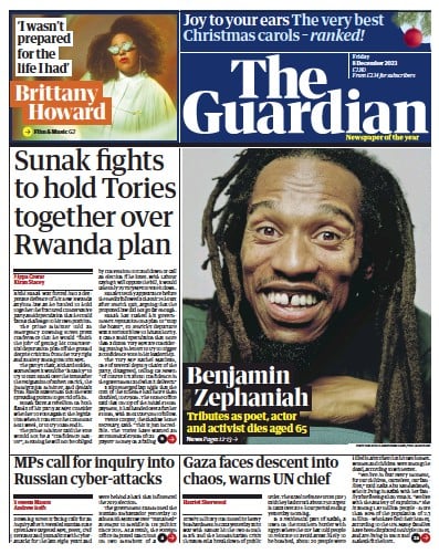 The Guardian Newspaper Front Page (UK) for 8 December 2023
