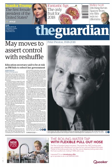 The Guardian Newspaper Front Page (UK) for 8 January 2018