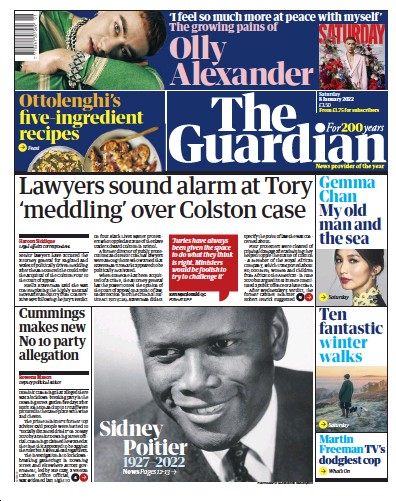 The Guardian Newspaper Front Page (UK) for 8 January 2022