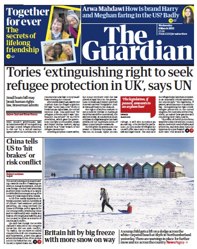 The Guardian Newspaper Front Page (UK) for 8 March 2023