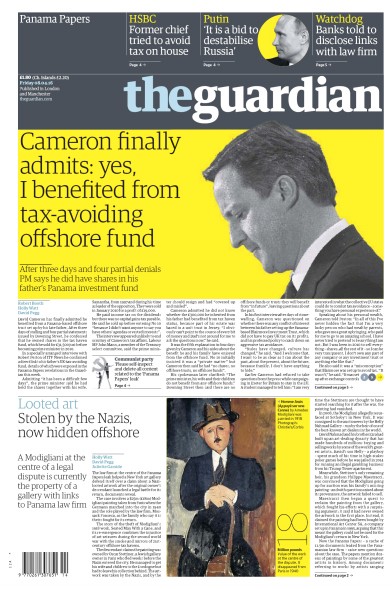 The Guardian Newspaper Front Page (UK) for 8 April 2016