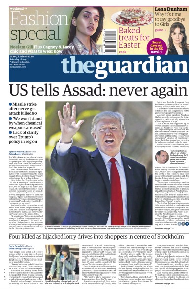 The Guardian Newspaper Front Page (UK) for 8 April 2017