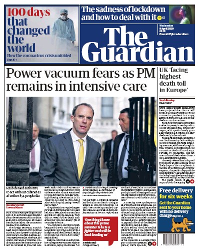 The Guardian Newspaper Front Page (UK) for 8 April 2020
