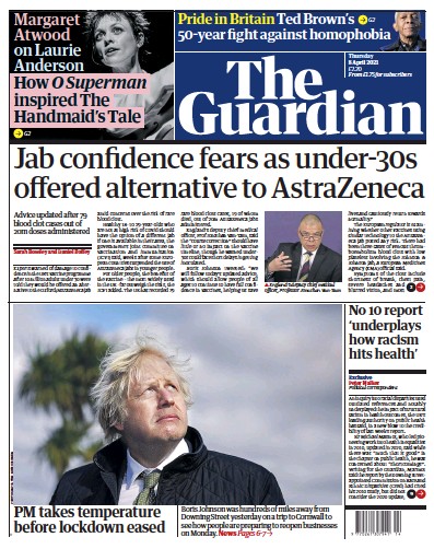 The Guardian Newspaper Front Page (UK) for 8 April 2021