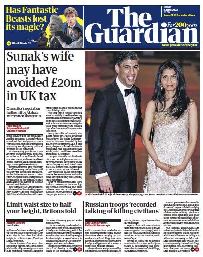 The Guardian Newspaper Front Page (UK) for 8 April 2022
