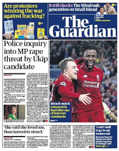 The Guardian Newspaper Front Page (UK) for 8 May 2019
