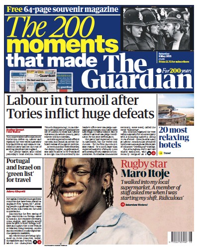 The Guardian Newspaper Front Page (UK) for 8 May 2021