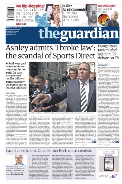 The Guardian Newspaper Front Page (UK) for 8 June 2016