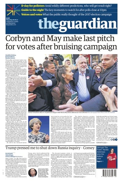 The Guardian Newspaper Front Page (UK) for 8 June 2017
