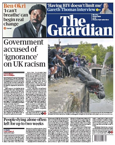 The Guardian Newspaper Front Page (UK) for 8 June 2020