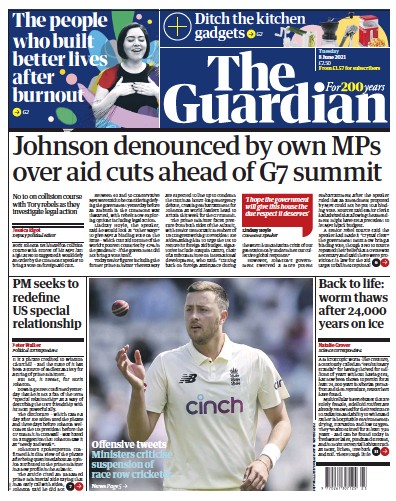 The Guardian Newspaper Front Page (UK) for 8 June 2021