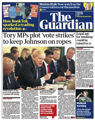 The Guardian Newspaper Front Page (UK) for 8 June 2022