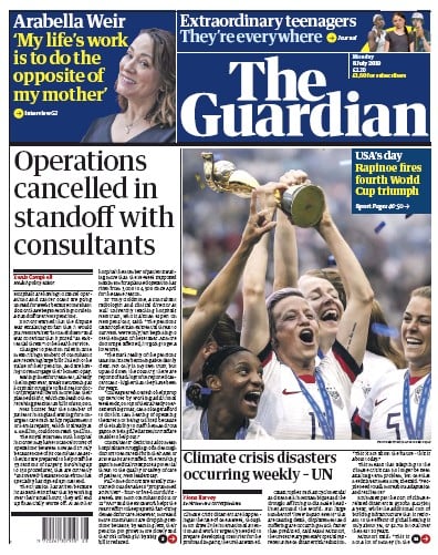 The Guardian Newspaper Front Page (UK) for 8 July 2019