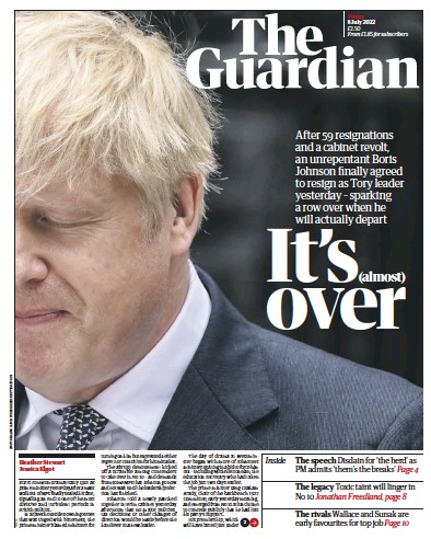 The Guardian Newspaper Front Page (UK) for 8 July 2022
