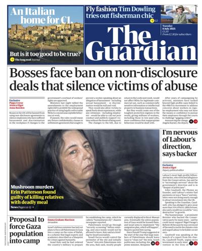 The Guardian Newspaper Front Page (UK) for 8 July 2025