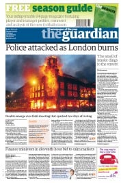 The Guardian Newspaper Front Page (UK) for 8 August 2011