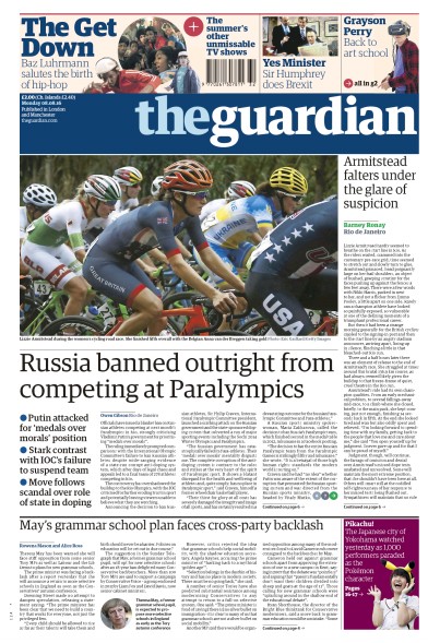 The Guardian Newspaper Front Page (UK) for 8 August 2016