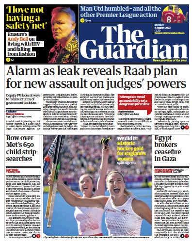 The Guardian Newspaper Front Page (UK) for 8 August 2022
