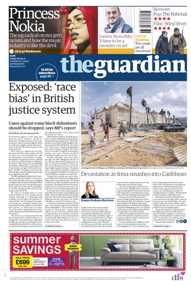 The Guardian Newspaper Front Page (UK) for 8 September 2017