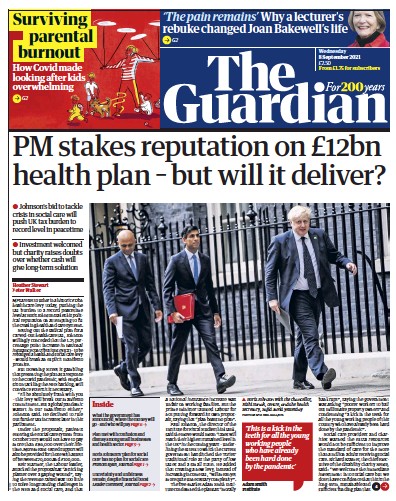 The Guardian Newspaper Front Page (UK) for 8 September 2021