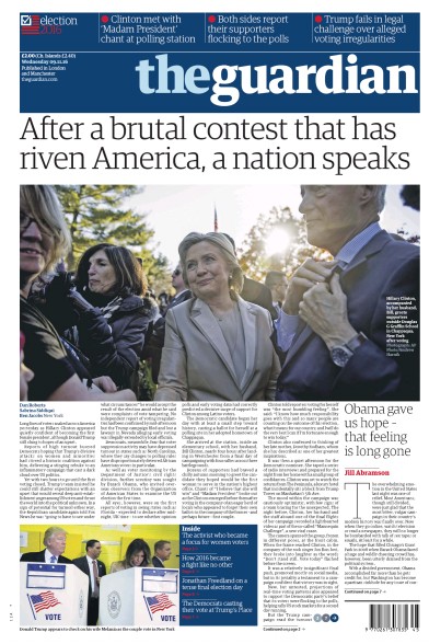 The Guardian Newspaper Front Page (UK) for 9 November 2016