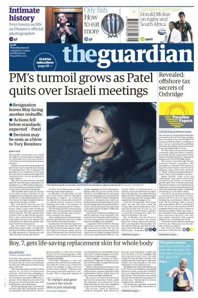 The Guardian Newspaper Front Page (UK) for 9 November 2017