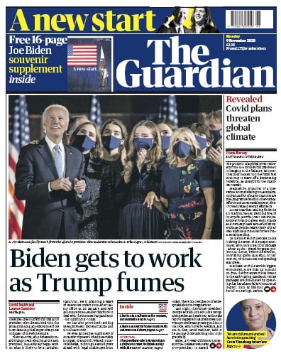 The Guardian Newspaper Front Page (UK) for 9 November 2020