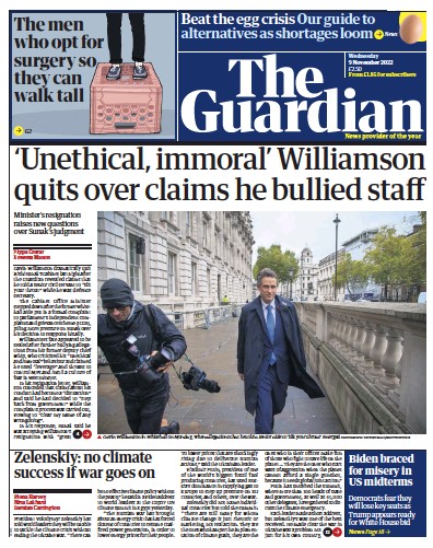 The Guardian Newspaper Front Page (UK) for 9 November 2022
