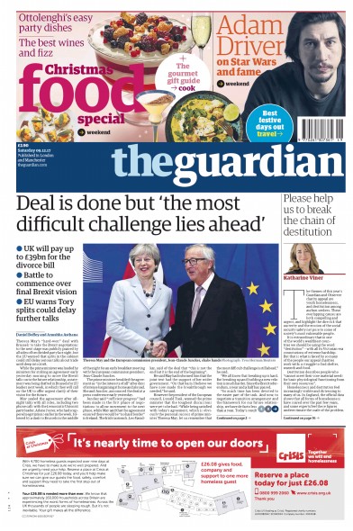 The Guardian Newspaper Front Page (UK) for 9 December 2017
